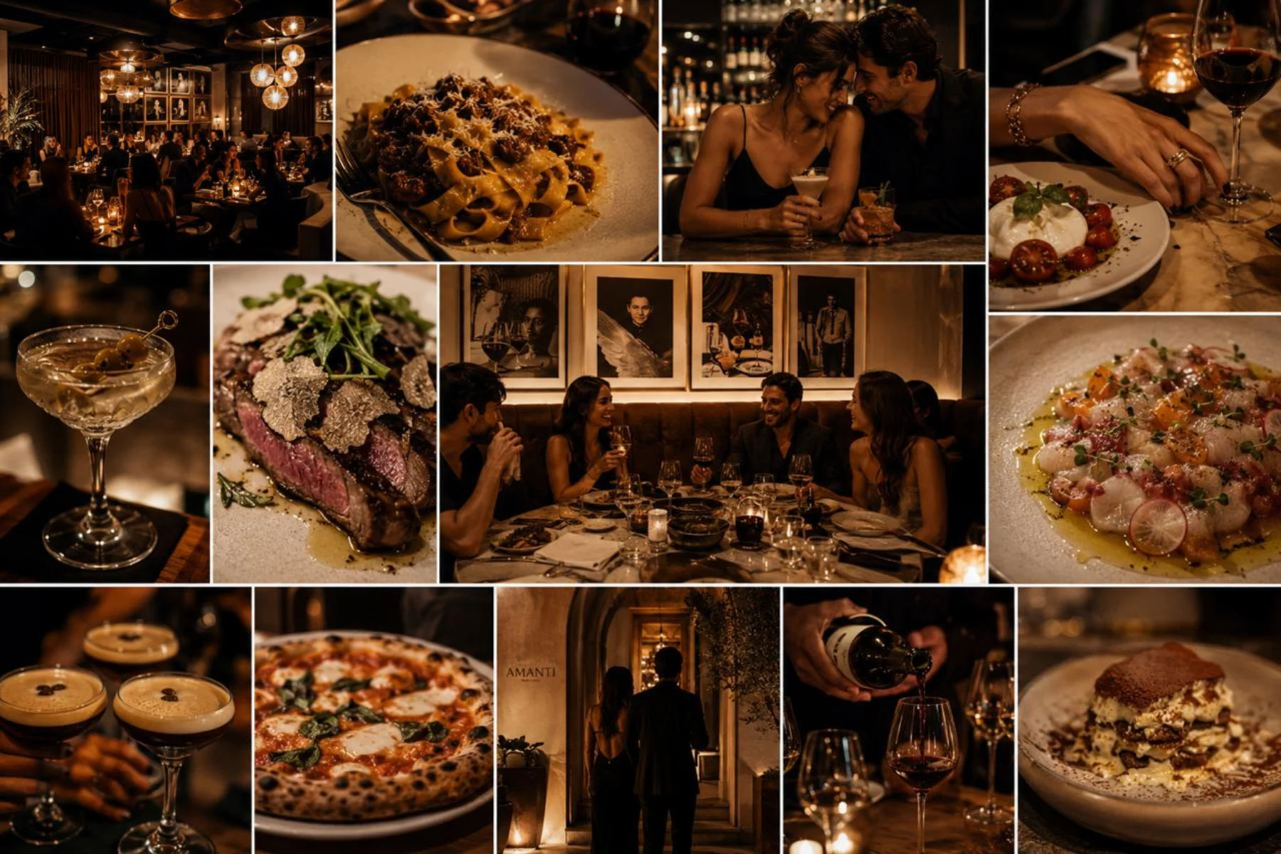 Amanti collage of dining room, cocktails, group dinner, wine service, entrance, pasta, pizza, steak, crudo, burrata, and dessert