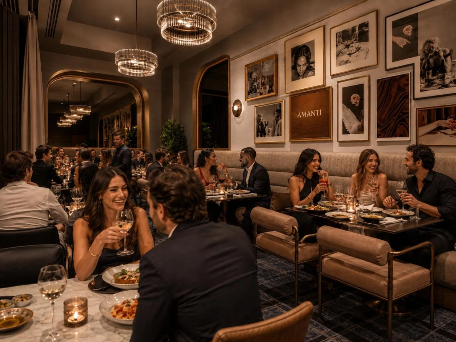 Well-dressed guests enjoying wine, cocktails, and dinner under Amanti chandeliers and branded wall art
