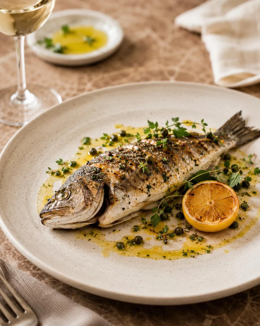 Whole branzino with lemon, herbs, capers, olive oil, and wine