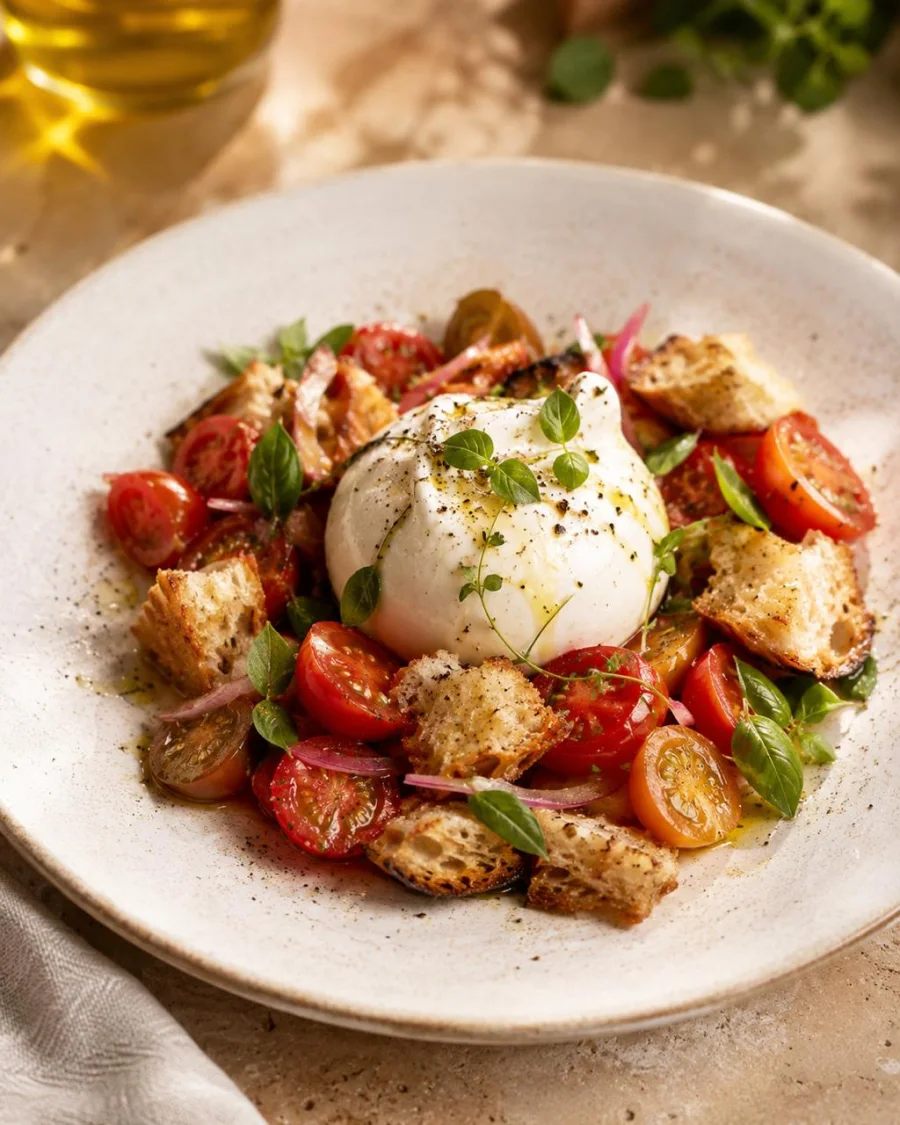 Burrata with tomatoes, basil, olive oil, and toasted bread
