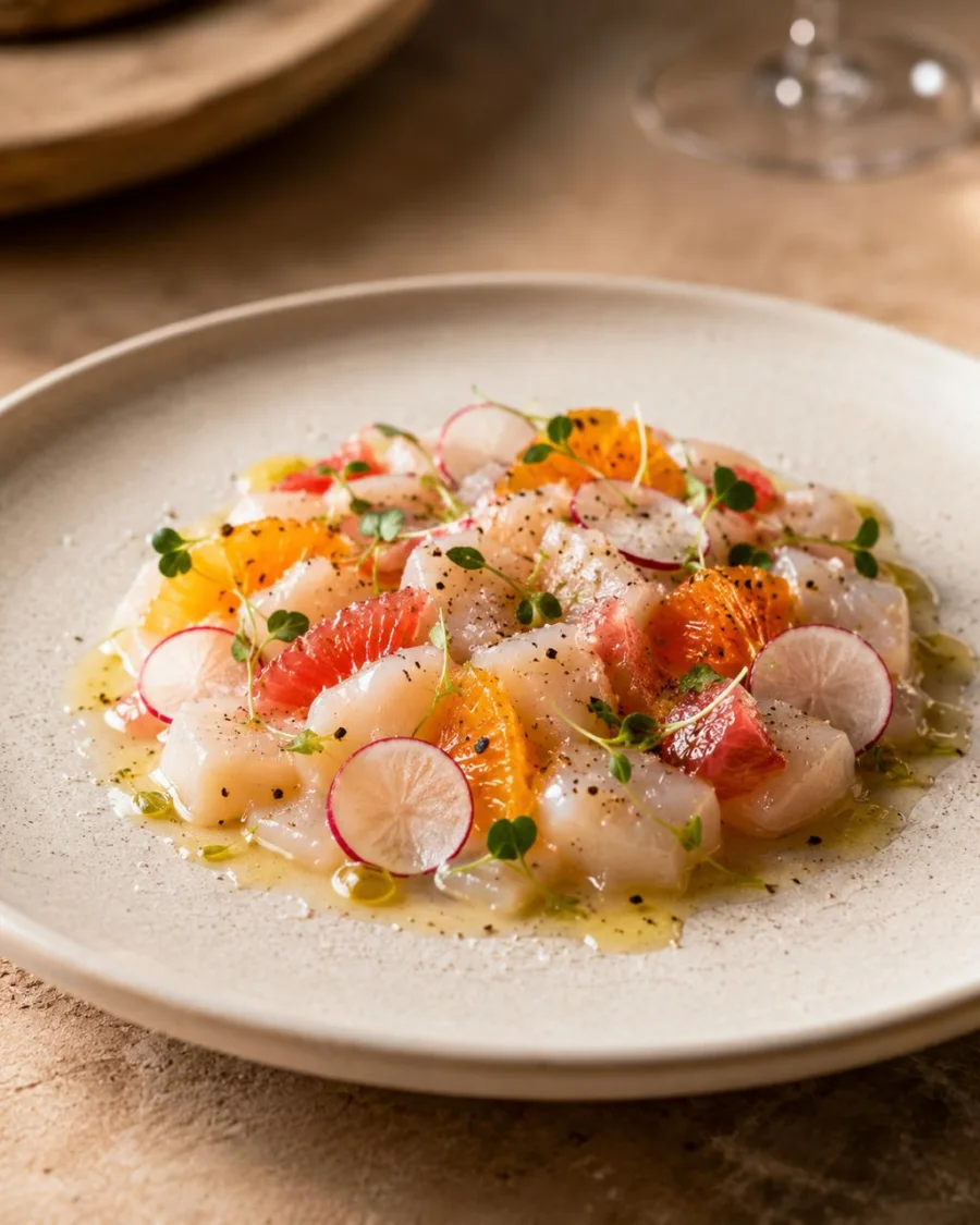 Italian crudo with citrus, radish, herbs, olive oil, and cracked pepper