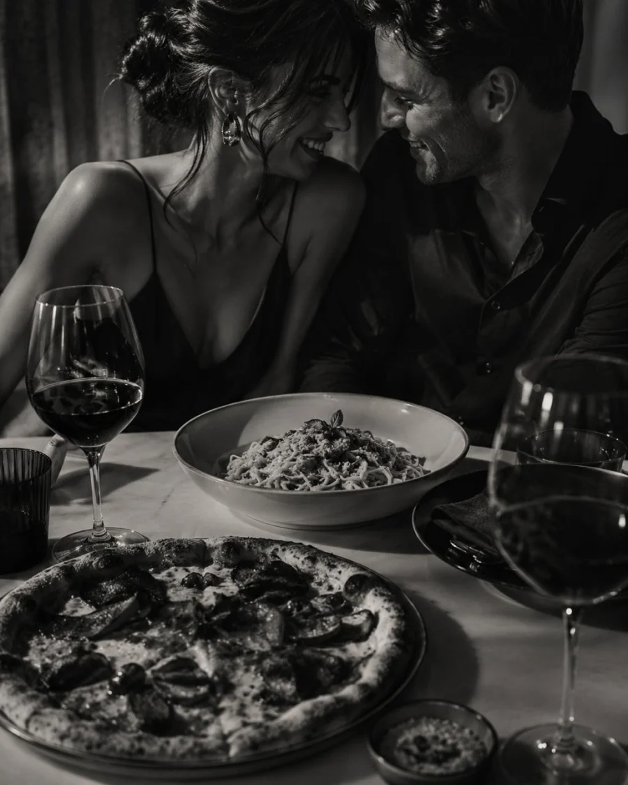 Stylish couple sharing pizza, pasta, and red wine during an intimate Amanti date night