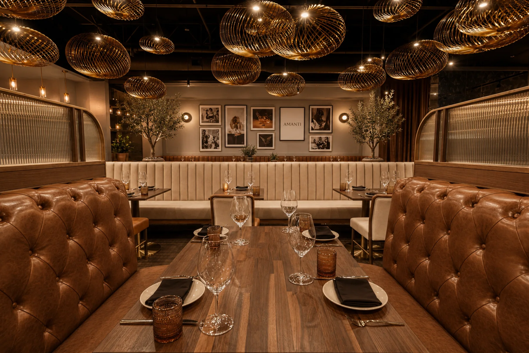 Amanti dining room with leather booths, walnut tables, olive trees, and sculptural pendant lights