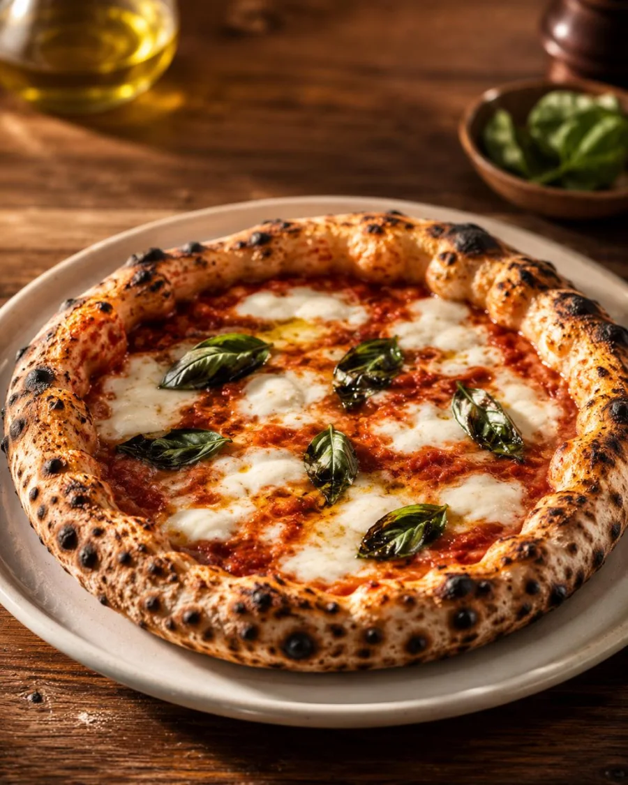 Margherita pizza with tomato, mozzarella, basil, and blistered crust