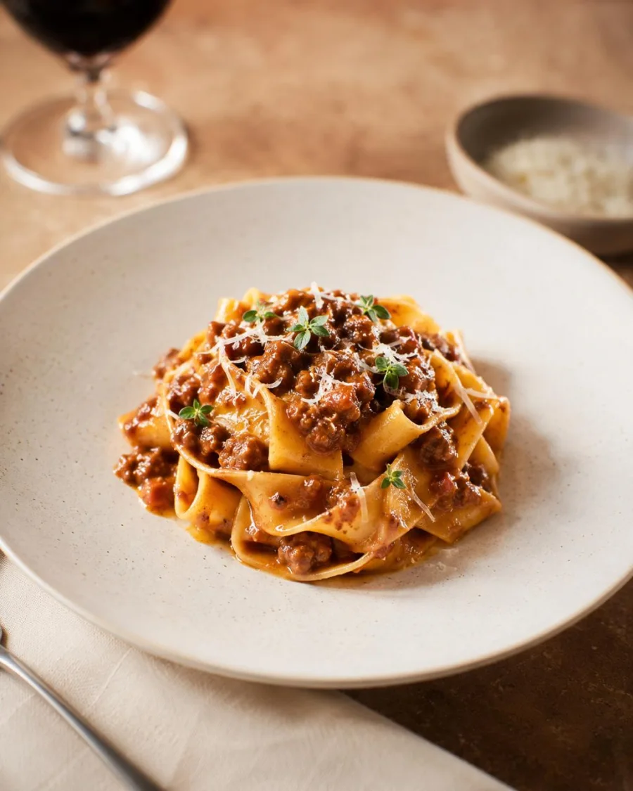 Pappardelle pasta with rich meat ragu, grated cheese, herbs, wine, and Parmesan