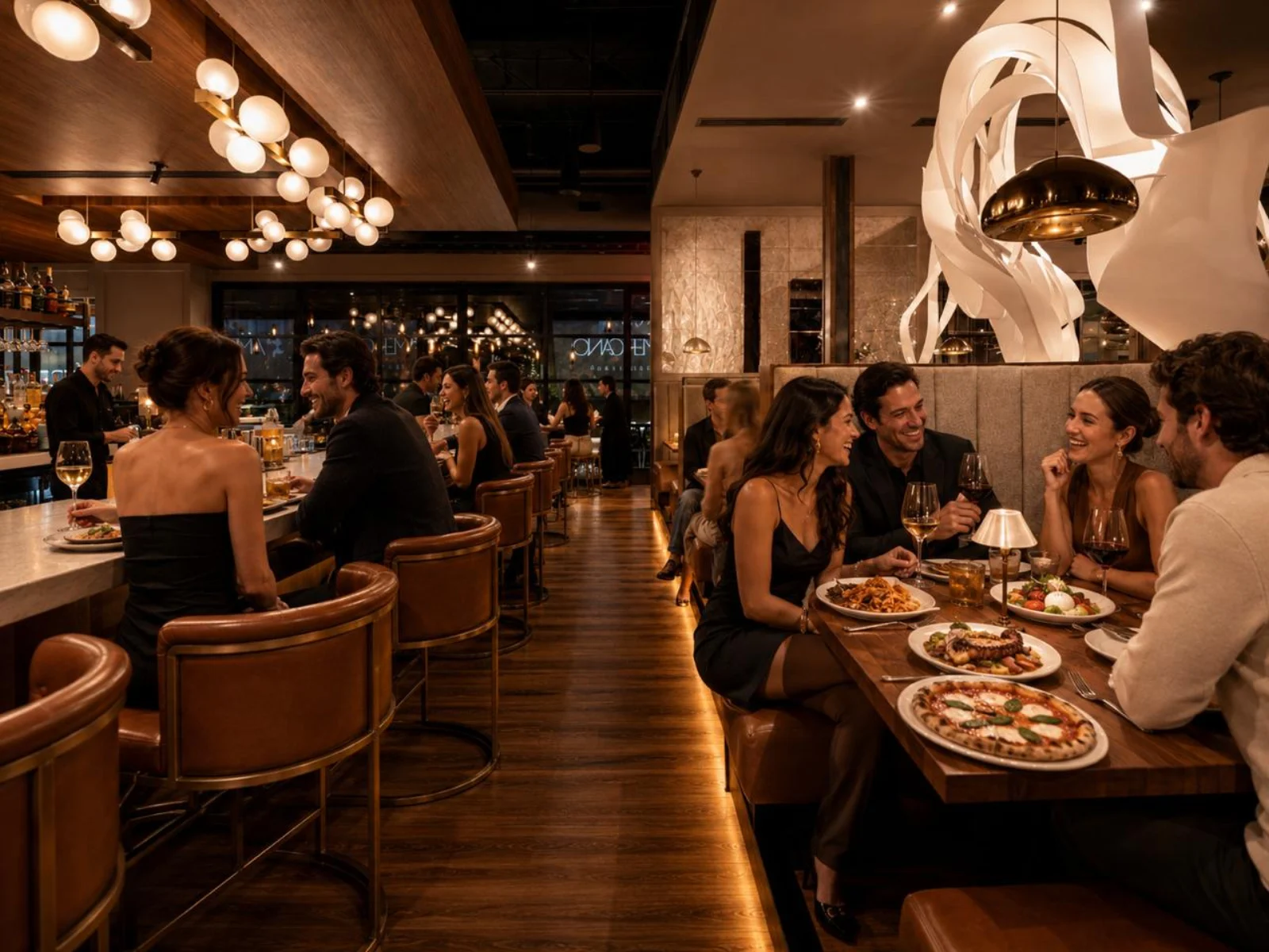 Warm Amanti dining room with guests, cocktails, wine, pizza, pasta, shared plates, and glowing globe lights