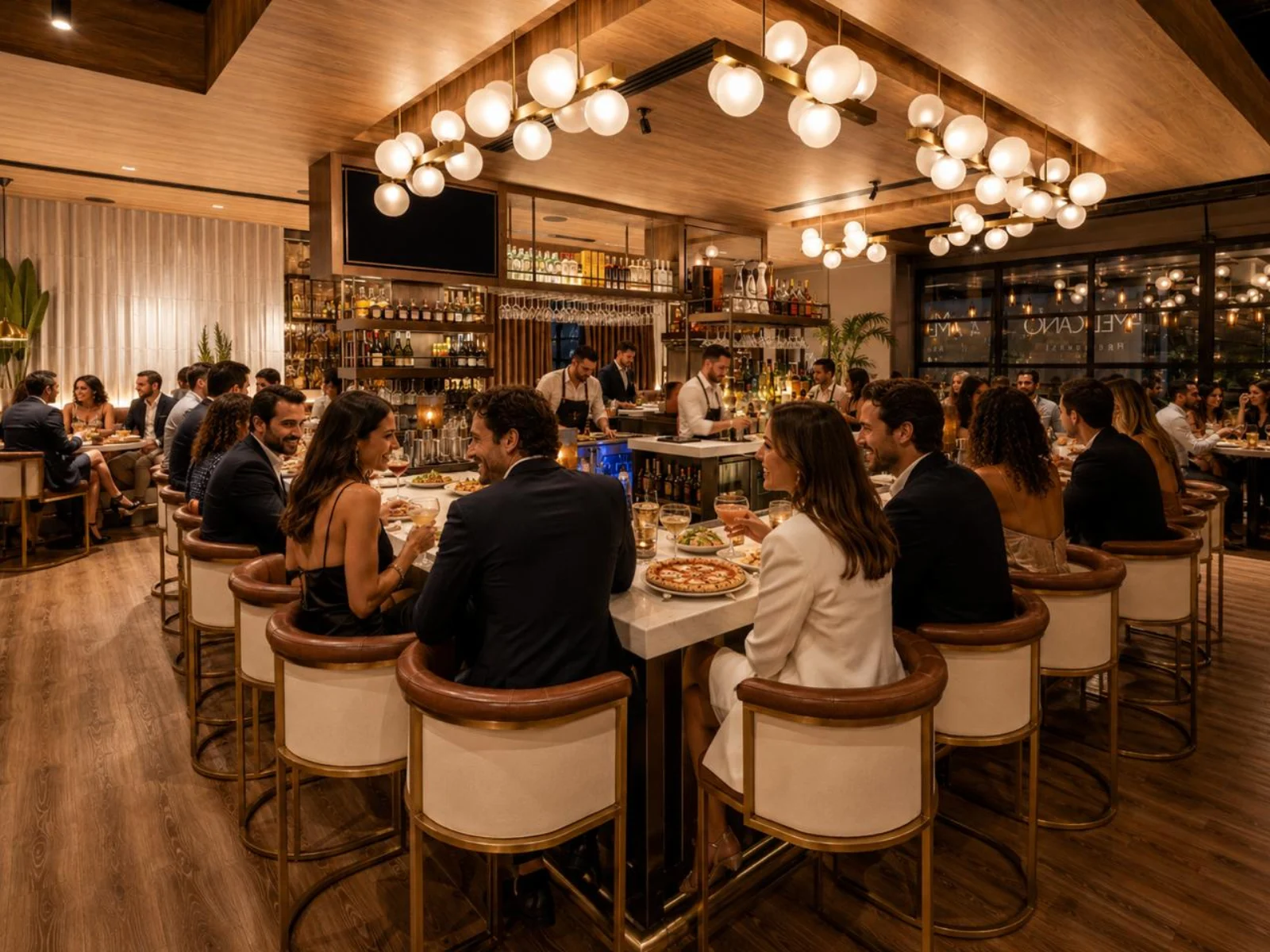 Guests socializing over cocktails, pizza, and small plates in the warm Amanti dining room and bar